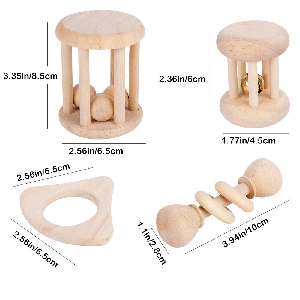 Set de 4 hochets Montessori en bois naturel – Éveil & dentition bébé