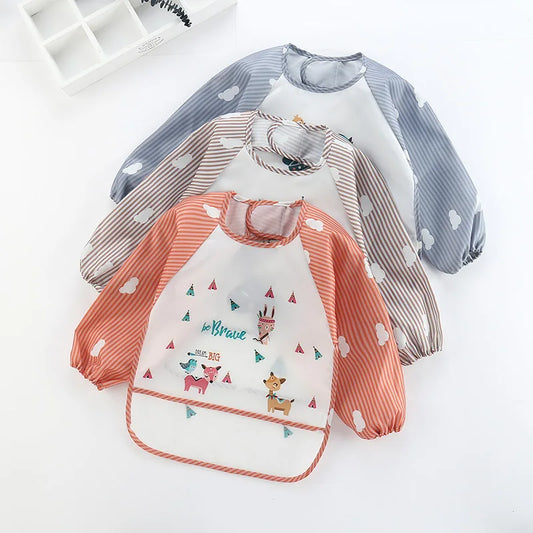 Bavoir Imperméable à Manches Longues - 1 à 3 Ans - Avec Poche Ramasse-Miettes & Design Animaux Mignons