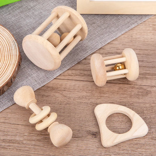 Set de 4 hochets Montessori en bois naturel – Éveil & dentition bébé